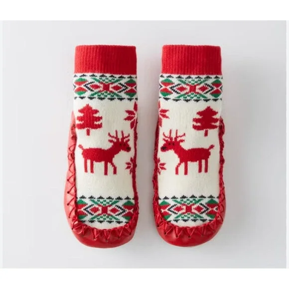 Hanna Andersson Kids Christmas Slipper Socks 2-4 Deer Trees Holiday Red NWT‎