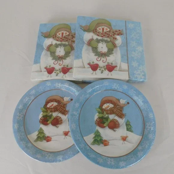 Set of 4 Snack Plates Luncheon Napkins Blue Snowman Winter Christmas Target New