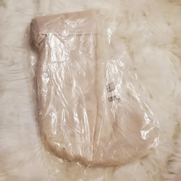 West Elm Faux Fur Stocking- blush -embroidered 