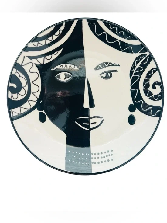 West Elm Abstract Art Pottery Portrait Hand Painted Plate