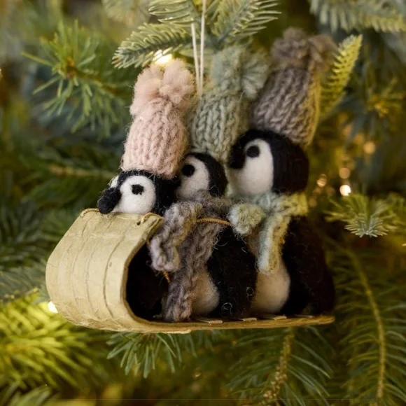 NWT West Elm Penguin Family Sledding Wool Christmas Ornament