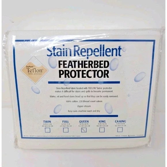 Teflon Stain Repellent Featherbed Protector Queen Cotton Sateen 220 tc NOS READ
