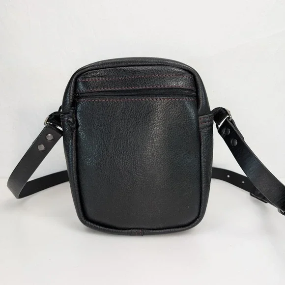 Full Grain Leather Crossbody Bag Purse Black Red Contrast Stitching Messenger