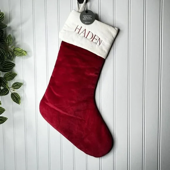 West Elm HADEN Classic Red White Velvet Christmas Stocking Mono NWOT