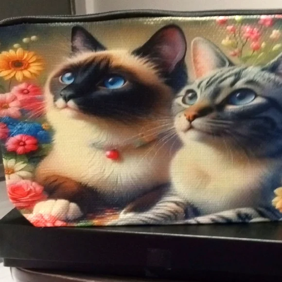 FLORAL KITTY CAT TAPESTRY COSMETIC CASE 10 IN BY 6 IN