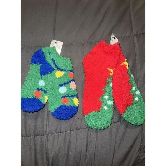 Kids' M/L 2pk Cozy Crew Socks -Blue/Red Xmas Holiday. D