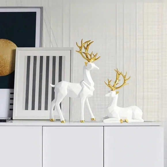 NEW West Elm Boho Geometric Gold Resin Holiday Christmas Reindeer Figures Set 2