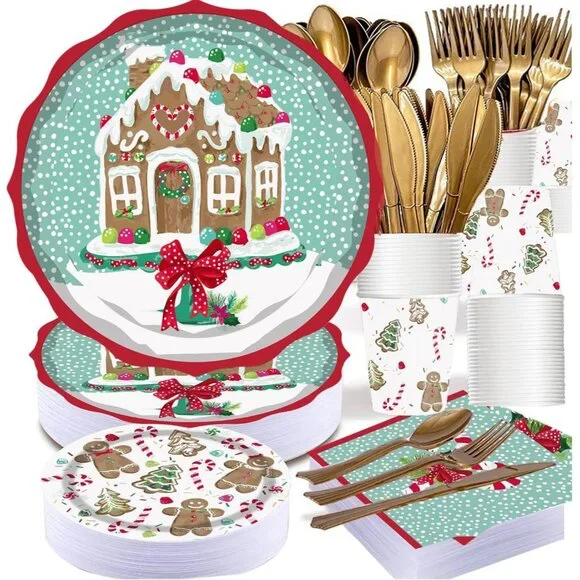 Charming Gingerbread Paper Dinnerware Set for 25 - Perfect for Festive Parties