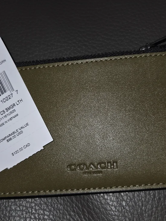 Coach Olive Green Leather Zip Pouch Card Holder with Embossed Logo