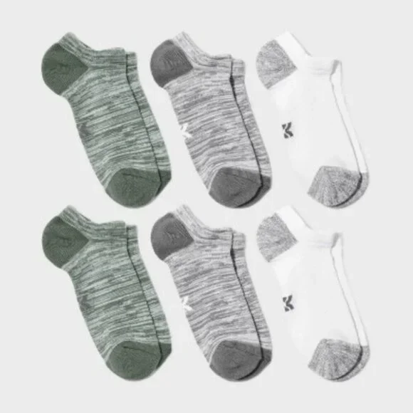 Kids' All In Motion No Show Socks 6-Pack | Size L (3-7) | Green Gray White