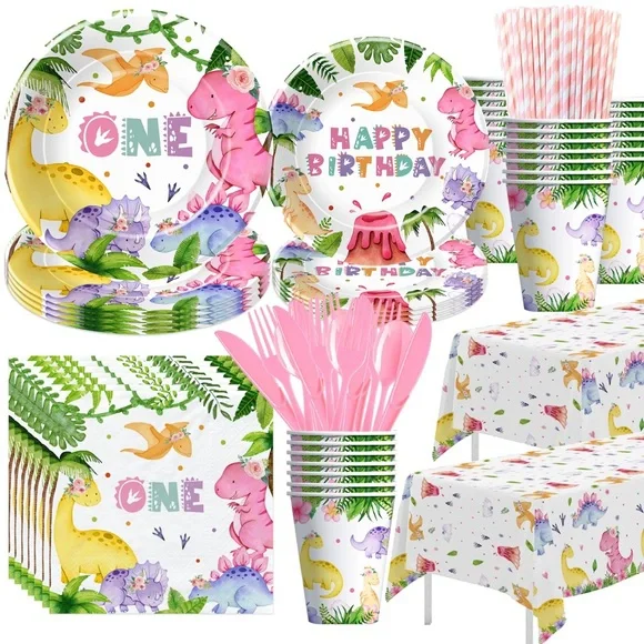 Dinosaur First Birthday Party Supplies-Girl 1st Birthday-24 Guests