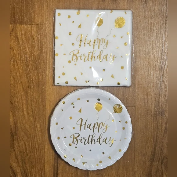 Gold and White Happy Birthday Party Supplies Set Serves 25