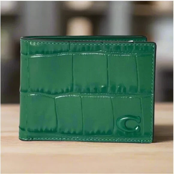 Coach Mens Slim Billfold Wallet Green Croc Embossed Leather