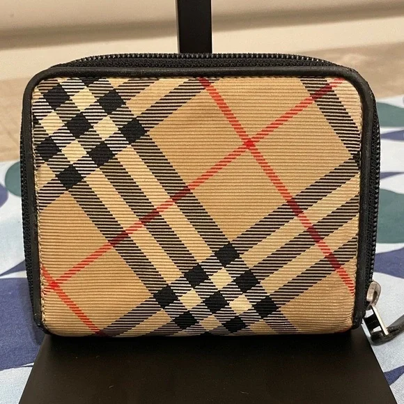 Burberry Beige and Black Plaid Zippy Wallet