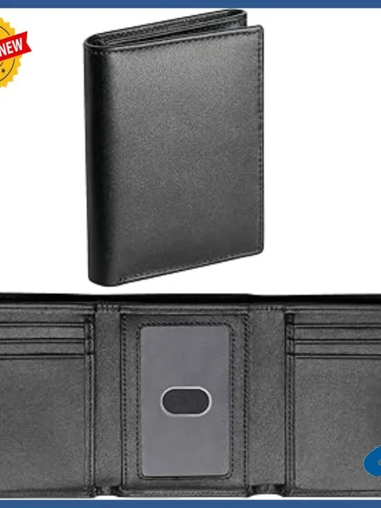 Slim Genuine Leather Trifold Wallet RFID Blocking 8 Card Slots ID Window