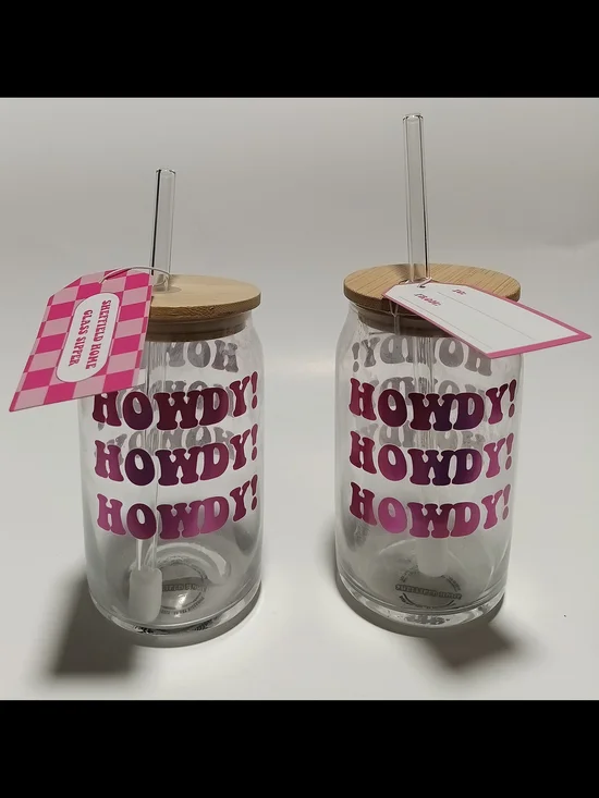 Set Of 2 Pink 'Howdy!' Glass Tumbler with Bamboo Lid and Straw
