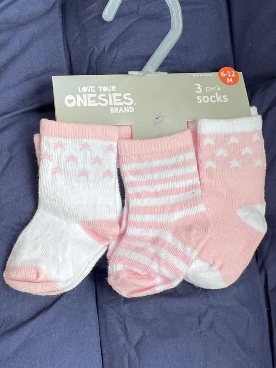 NWT Onesies Brand Baby Girl Pink Stars & Stripes Socks 3-Pack 6-12M