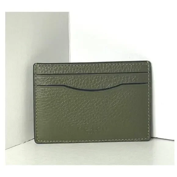 Coach Card Case Money Clip Olive Green Crossgrain Leather Mens CDC79