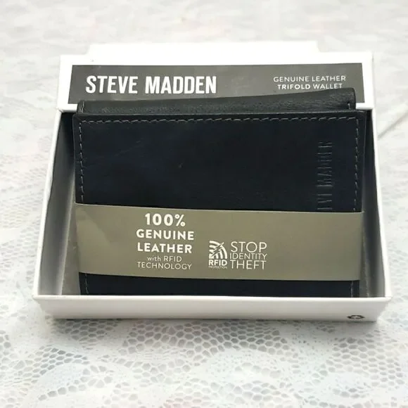 Steve Madden Logo Men Leather Trifold Wallet New