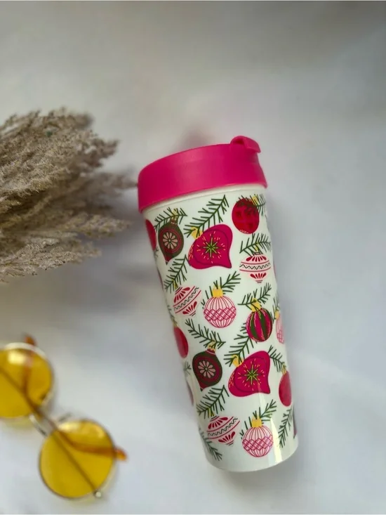 Martha Stewart Holiday Ornament Travel Tumbler - Pink white new