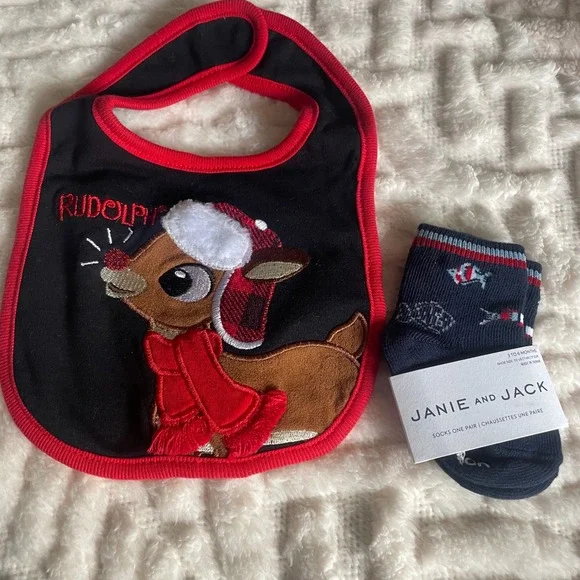 Rudolf Christmas baby bib Janie & Jack‎ cotton blend blue fish socks new