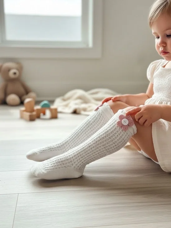 Izabella kids coquetta White Knee High with embroidered Flower Patch