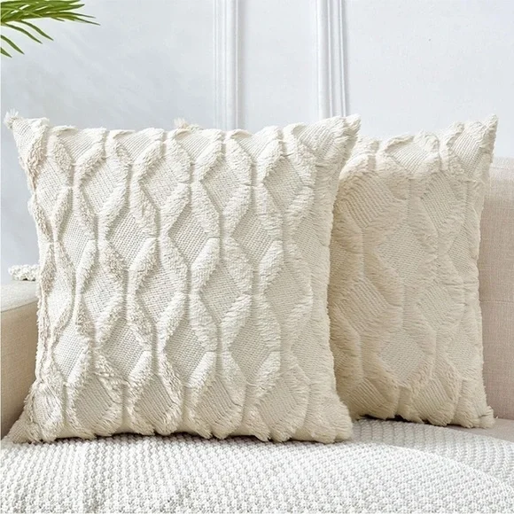 Light Cream Farmhouse Pillow Cover Furry Faux Luxury Soft Warm Pillow Case Set