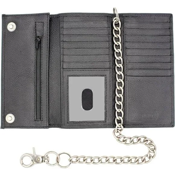 Long Trifold Chain Wallet for Men, Leather Checkbook Cover, RFID Blocking chain