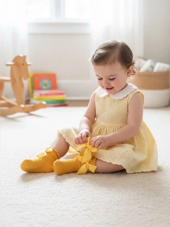 Yellow Bow Baby Socks - Ruffled Anklet