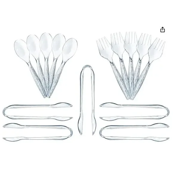 15 Pack Transparent Plastic Disposable Serving Utensils Set-Spoons, Tongs, Forks