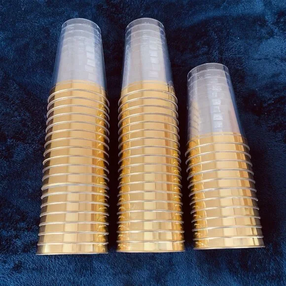 Clear‎ Plastic Cups12 Ounce Wide Goldtone Rim Unused Leftover From Wedding