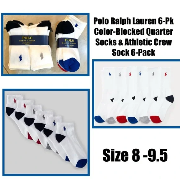 Polo Ralph Lauren 6-Pk Color-Blocked Quarter Socks & Athletic Crew Sock 6-Pack