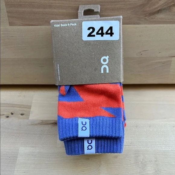 On Running Kids Sock 4-Pack Blueberry Flame Organic Cotton Size M US 13-3 NEW