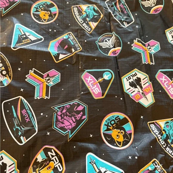 Disney Pixar Lightyear Tablecloth Black with Teal, Pink & Yellow Accents EUC