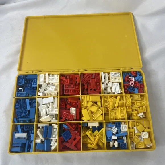 Vintage Yellow Plastic Box With‎ Building Pieces Toy Red Blue White Yellow