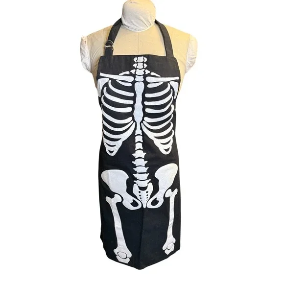 Williams Sonoma Skeleton Halloween Apron Black White Cotton Adjustable Adult
