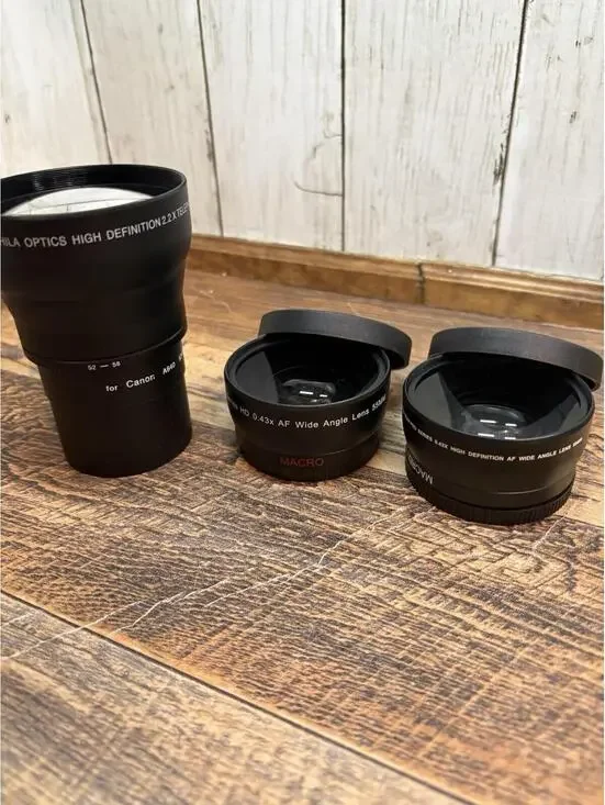 Lot 3 Japanese Lens Conversions: .43 Wide Angle 55mm & 58mm, 2.2x Telephoto 52mm