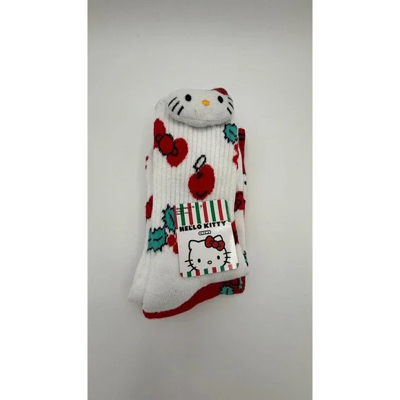 Hello Kitty Christmas Crew Socks 2 Pair Apples Holiday‎ Size 4-10
