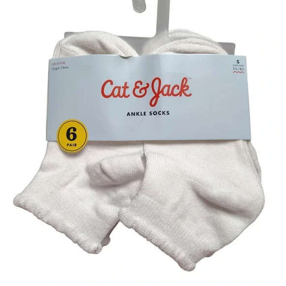 NWT Cat & Jack Girls White Ankle Socks Size‎ Small 5.5-8.5 6 Pair Pack