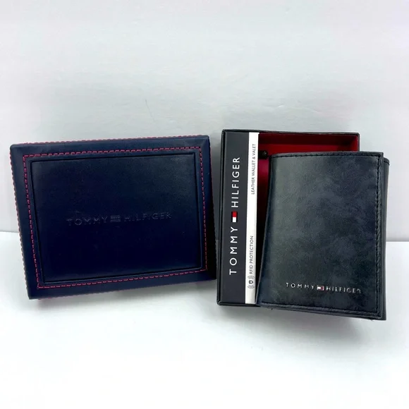 TOMMY HILFIGER, BLACK LEATHER, VALET ALSO LEATHER, TRI FOLD, RFID PROTECTION