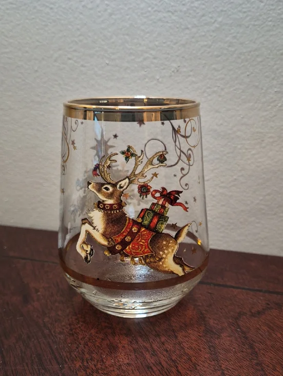 Williams Sonoma Gold-Trim Reindeer Stemless Glass