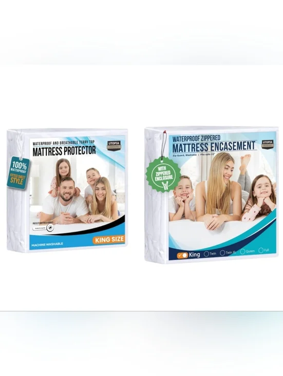 1 King-Size White Waterproof Zippered Mattress Encasement & 1 KingSize Protector