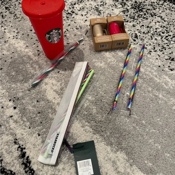 Starbucks Red Holiday Tumbler with Colorful Straws and Keychain Ornaments