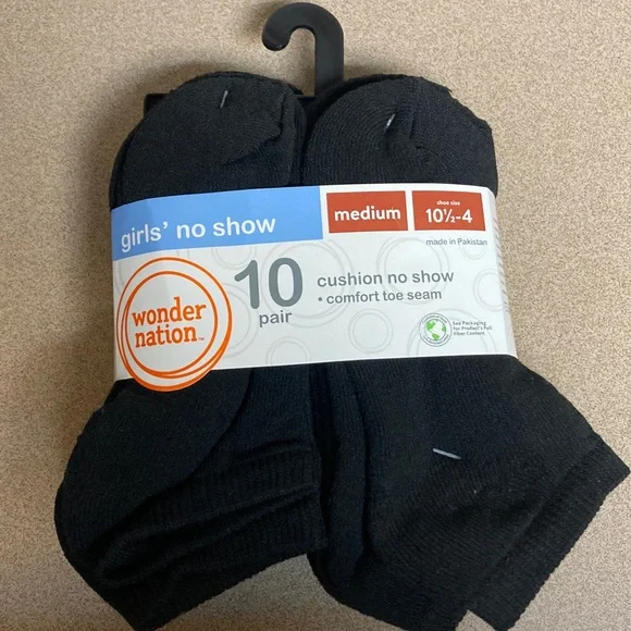 Wonder Nation Girls' Black No Show Socks - 10 Pack
