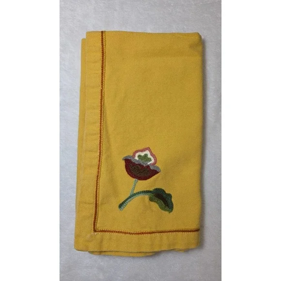 4 Williams Sonoma Golden Crewel Floral Napkins Cotton‎ India Yellow Red