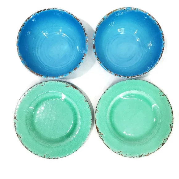 Williams Sonoma Rustic Outdoor Melamine 2 Salad Plates 2 Bowls Blue Green