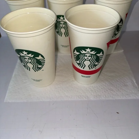 5 Starbucks 2 Holiday Cream and Red Joy Plastic Cups 3 Regular
