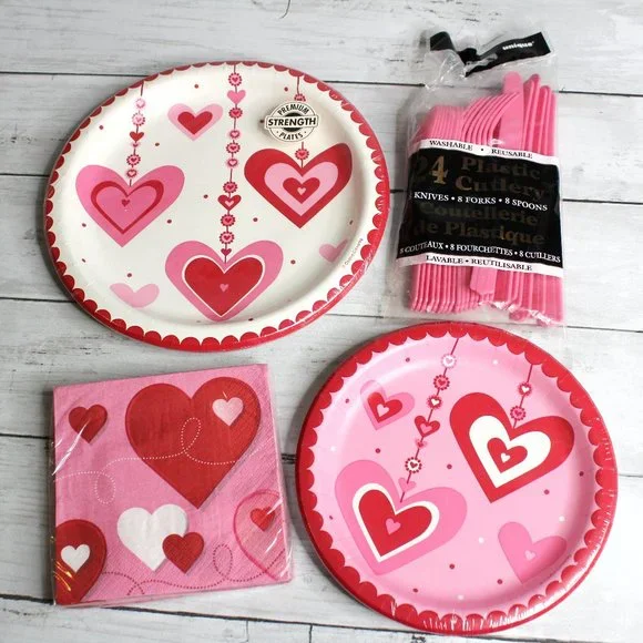 Party Valentine's Day Paper Plates Napkins Cutlery Dinnerware Lot Pink