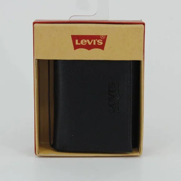 NWT‎ Levi’s Men's Black Genuine Leather Trifold Wallet - New in Box
