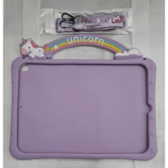 For Kids Tablets Size 10.2 & 10.5 Purple Unicorn Silicone Case w/ Shoulder Strap